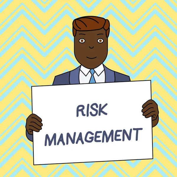 Text sign showing Risk Management. Conceptual photo evaluation of financial hazards or problems with procedures Smiling Man Holding Formal Suit Big Blank Poster Board in Front of Himself.