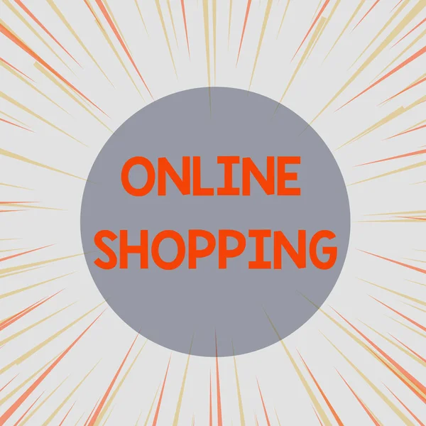 Word writing text Online Shopping. Business concept for allows consumers to buy their goods over the Internet Sunburst Explosion Yellow Orange Pastel Rays Beams Depth and Perspective. — 스톡 사진