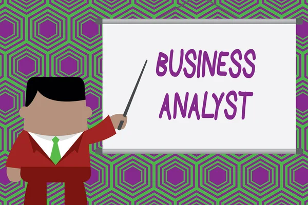 Conceptual hand writing showing Business Analyst. Business photo showcasing someone who analyzes big organization or website domain Businessman standing in projector pointing project idea.