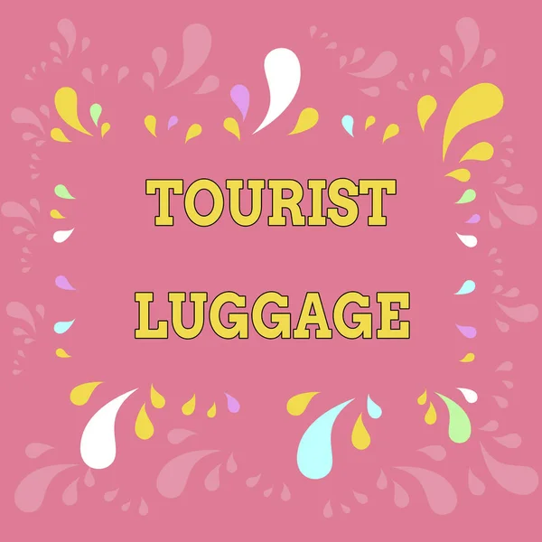 Texte textuel Bagages touristiques. Concept d'affaires pour grand sac qui contient tout ce dont on a besoin pour voyager Copier le cadre de l'espace avec différentes tailles éclaboussures multicolores sur le périmètre . — Photo