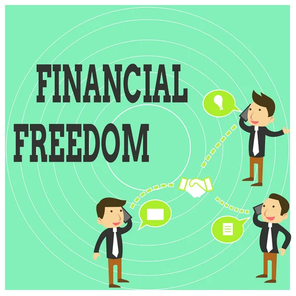 Conceptual hand writing showing Financial Freedom. Business photo text Having money Free from worry when it comes to cash flow Businessmen Coworker Conference Call Discussion Mobile Phone.