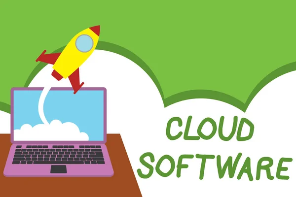Text sign showing Cloud Software. Conceptual photo Programs used in Storing Accessing data over the internet Successful rocket launching clouds out laptop background. Startup growing.