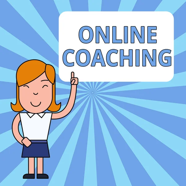 Writing note showing Online Coaching. Business photo showcasing Learning from online and internet with the help of a coach Woman Standing with Raised Left Index Finger Pointing at Blank Text Box.