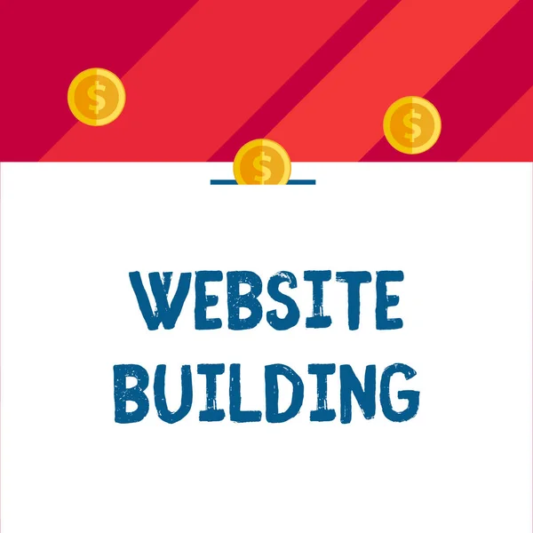 Writing note showing Website Building. Business photo showcasing tools that typically allow the construction of pages Front view three penny coins icon one entering collecting box slot. — Stock Photo, Image