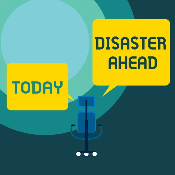 Conceptual hand writing showing Disaster Ahead. Business photo text Contingency Planning Forecasting a disaster or incident Executive chair sharing two blank square speech bubbles side.