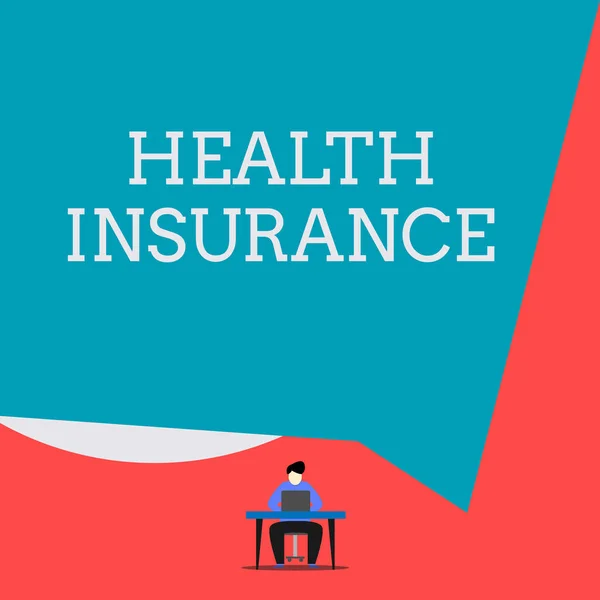 Writing note showing Health Insurance. Business photo showcasing coveragethat pays for medicaland surgical expenses Man sitting chair desk working laptop geometric background. — ストック写真