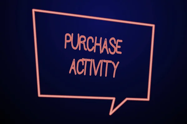 Word writing text Purchase Activity. Business concept for Acquiring goods to achieve the goals of an organization Empty Quadrangular Neon Copy Space Speech Bubble with Tail Pointing Down. — ストック写真