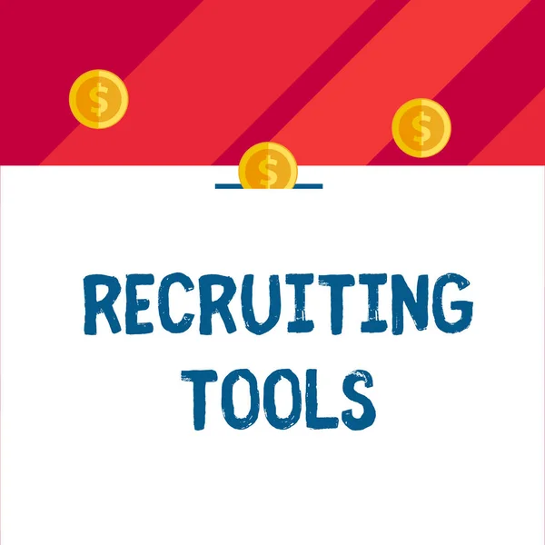 Writing note showing Recruiting Tools. Business photo showcasing getting new talents to your company through internet or ads Front view three penny coins icon one entering collecting box slot.