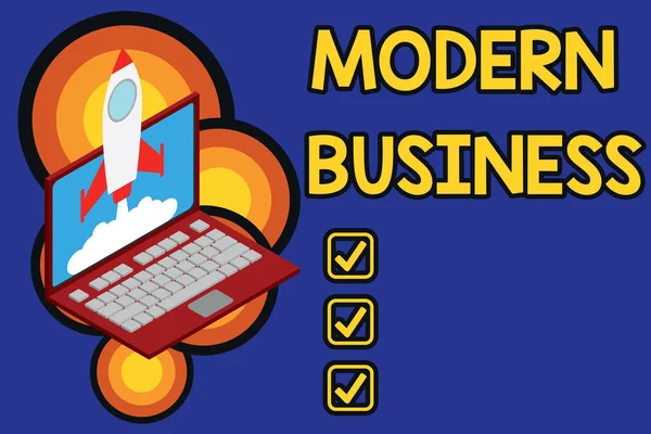 Modern Business 'ı gösteren bir not yazıyorum. Roket firmasının dizüstü bilgisayarları fırlatma felsefesine giriş fotoğrafı sergileniyor. Başlangıç projesi büyüyor. Seo.. — Stok fotoğraf