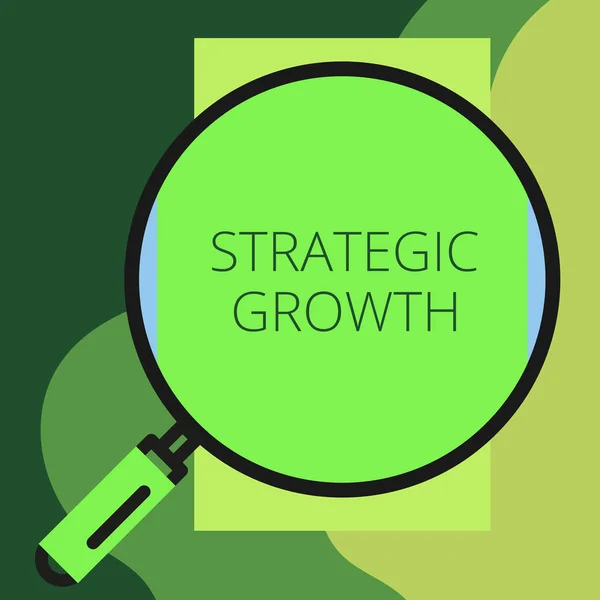 Writing note showing Strategic Growth. Business photo showcasing create plan or schedule to increase stocks or improvement Round magnifying glass with iron handle frame to look bigger. — 스톡 사진