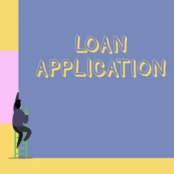 Word writing text Loan Application. Business concept for Document that provides financial information about borrower Back view young man climbing up staircase ladder lying big blank rectangle.
