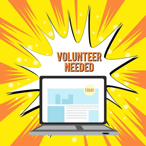 Text sign showing Volunteer Needed. Conceptual photo Looking for helper to do task without pay or compensation Open Modern Laptop Switched On with Website Homepage on Screen Web Search. — ストック写真