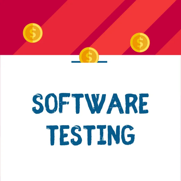 Writing note showing Software Testing. Business photo showcasing investigation provide information about the quality of it Front view three penny coins icon one entering collecting box slot.