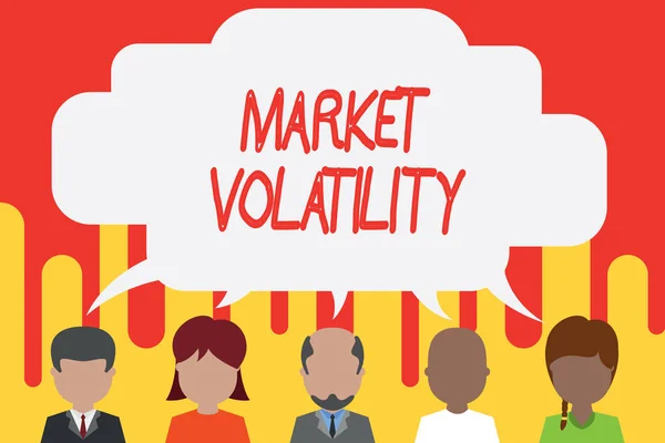 Handwriting text Market Volatility. Concept meaning Underlying securities prices fluctuates Stability status Five different races persons sharing blank speech bubble. People talking.