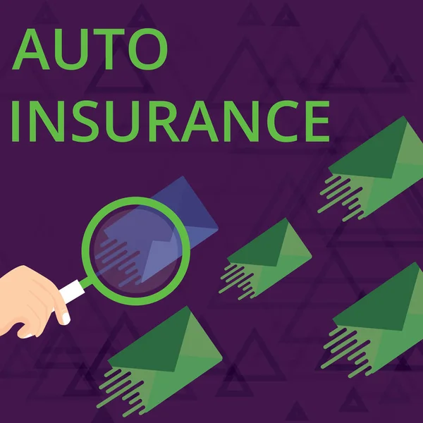 Text sign showing Auto Insurance. Conceptual photo Protection against financial loss in case of accident Magnifying Glass on One Different Color Envelope and others has Same Shade.