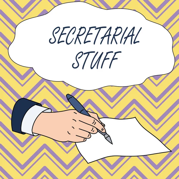 Conceptual hand writing showing Secretarial Stuff. Business photo text Secretary belongings Things owned by demonstratingal assistant Male Hand Formal Suit Holding Ballpoint Pen Piece of Paper Writing