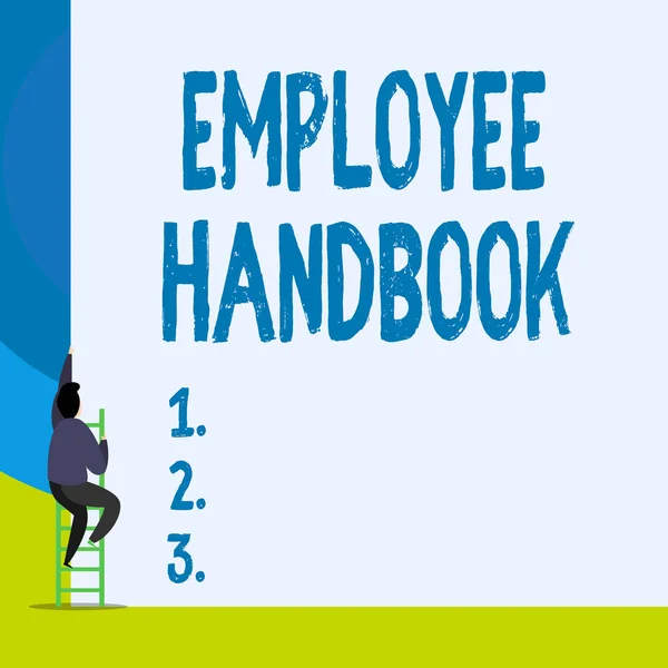 Word writing text employee handbook. Business-Konzept für Dokument, das eine Betriebsabläufe des Unternehmens Rückansicht junger Mann, der Treppe Treppe hinauf, liegend großes unbeschriebenes Rechteck enthält. — Stockfoto