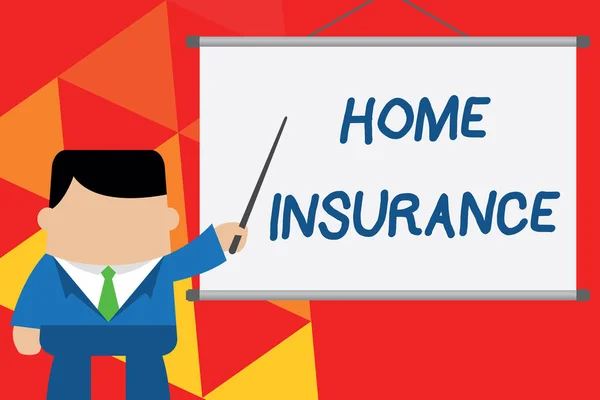 Conceptual hand writing showing Home Insurance. Business photo text Covers looses and damages and on accidents in the house Businessman standing in front projector pointing project idea.