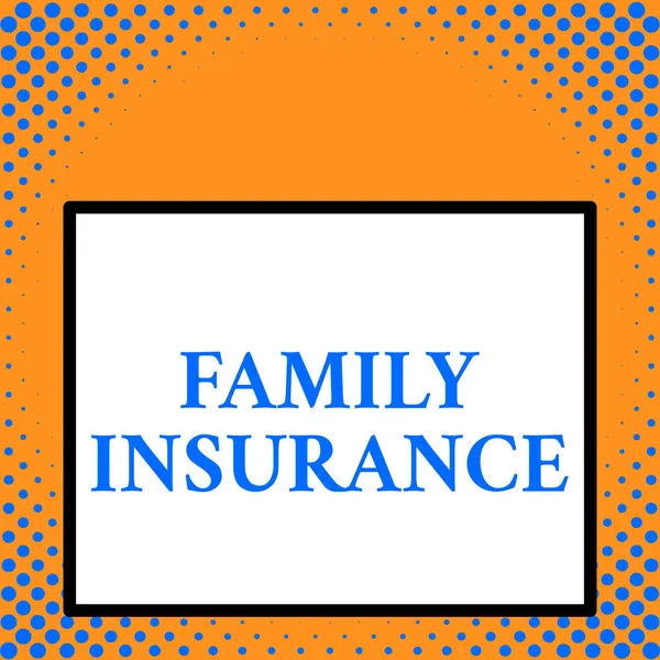 Writing note showing Family Insurance. Business photo showcasing paying a partial or full health care for relatives Front close up view big blank rectangle abstract geometrical background. — ストック写真