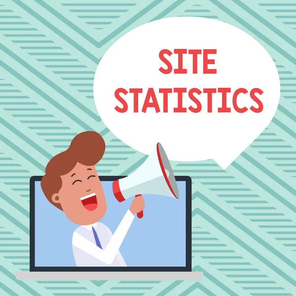 Conceptual hand writing showing Site Statistics. Business photo showcasing measurement of behavior of visitors to certain website Man Speaking Through Laptop into Loudhailer Bubble Announce.