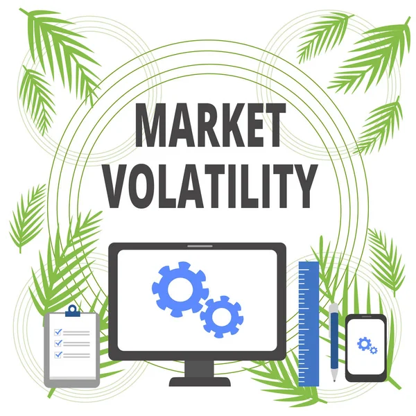 Handgeschreven tekst schrijven marktvolatiliteit. Concept dat onderliggende effectenprijzen fluctueert stabiliteits status business concept PC monitor mobiel apparaat Klembord liniaal balpen. — Stockfoto