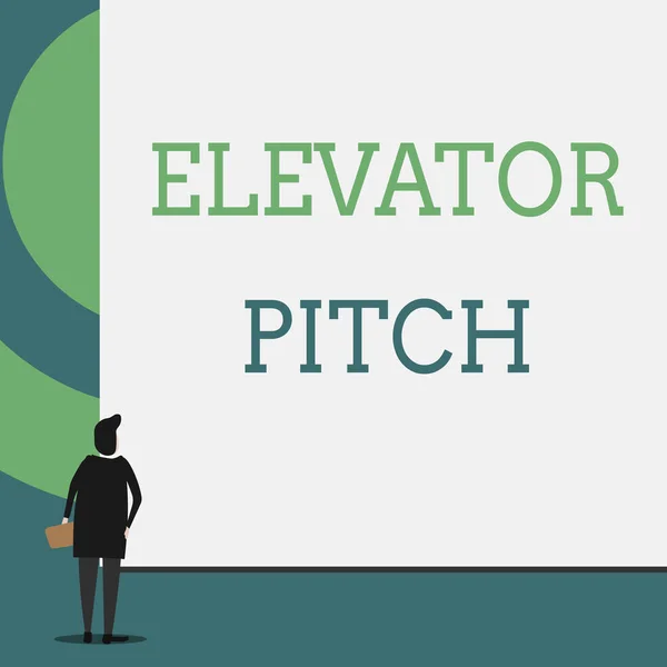 Text sign showing Elevator Pitch. Conceptual photo A persuasive sales pitch Brief speech about the product Back view young woman watching blank big rectangle. Geometrical background.