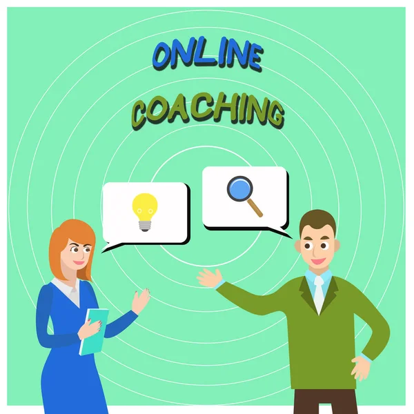 Conceptuele hand schrijven toont online coaching. Zakelijke foto tekst leren van online en Internet met de hulp van een collega van coach zaken partners die samen een probleemoplossing zoekt. — Stockfoto