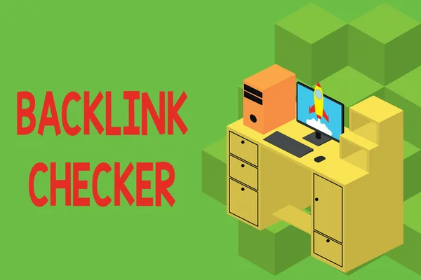 Signo de texto que muestra Backlink Checker. Foto conceptual Encuentra a tus competidores más valiosos y patrones de puntos Cajones de escritorio de trabajo ordenador personal lanzamiento de nubes de cohetes . — Foto de Stock