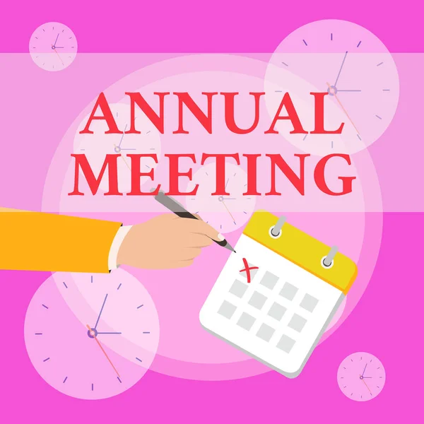 Writing note showing Annual Meeting. Business photo showcasing Yearly gathering of an organization interested shareholders Formal Suit Crosses Off One Day Calendar Red Ink Ballpoint Pen.