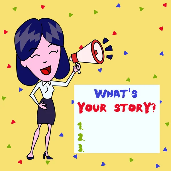 显示"什么是您的故事"问题的文本符号。概念照片分析者询问演示关于过去的生活事件 年轻女子发言到吹角卷图标彩色背滴文本框. — 图库照片