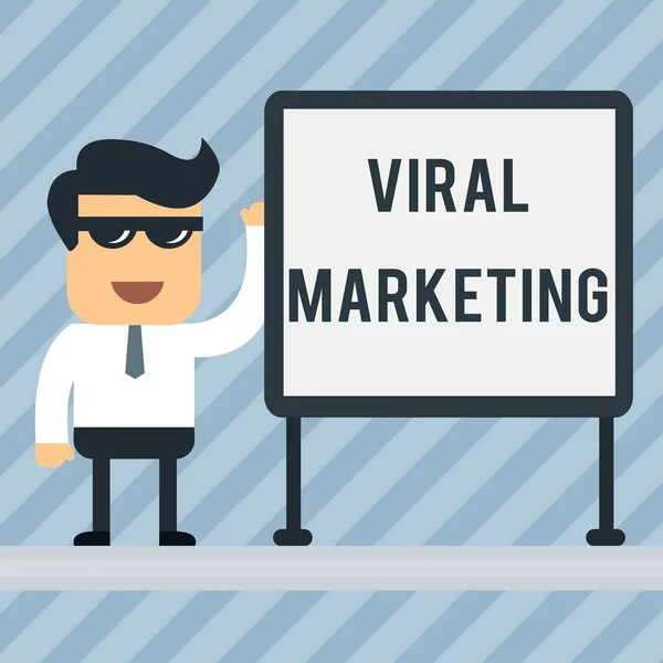 Writing note showing Viral Marketing. Business photo showcasing whereby consumer encouraged share information via Internet Office Worker Sunglass Blank Whiteboard Meeting Presentation. — 스톡 사진