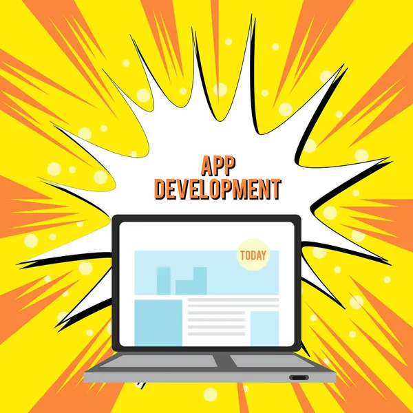 Text sign showing App Development. Conceptual photo Development services for awesome mobile and web experiences Open Modern Laptop Switched On with Website Homepage on Screen Web Search. — Stock Photo, Image