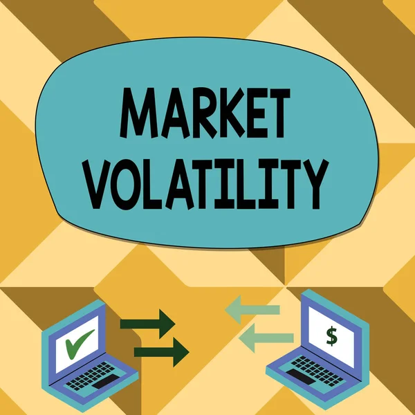 Text sign showing Market Volatility. Conceptual photo Underlying securities prices fluctuates Stability status Exchange Arrow Icons Between Two Laptop with Currency Sign and Check Icons.