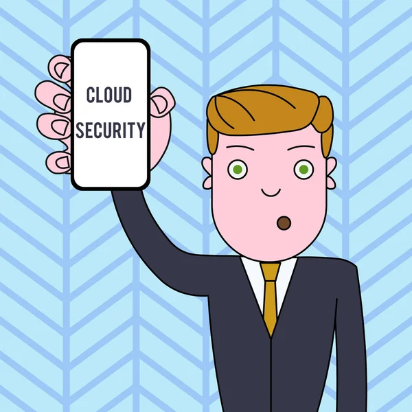 Conceptual hand writing showing Cloud Security. Business photo text Protect the stored information safe Controlled technology Man Holding Vertical Smartphone Device Screen for Attention.