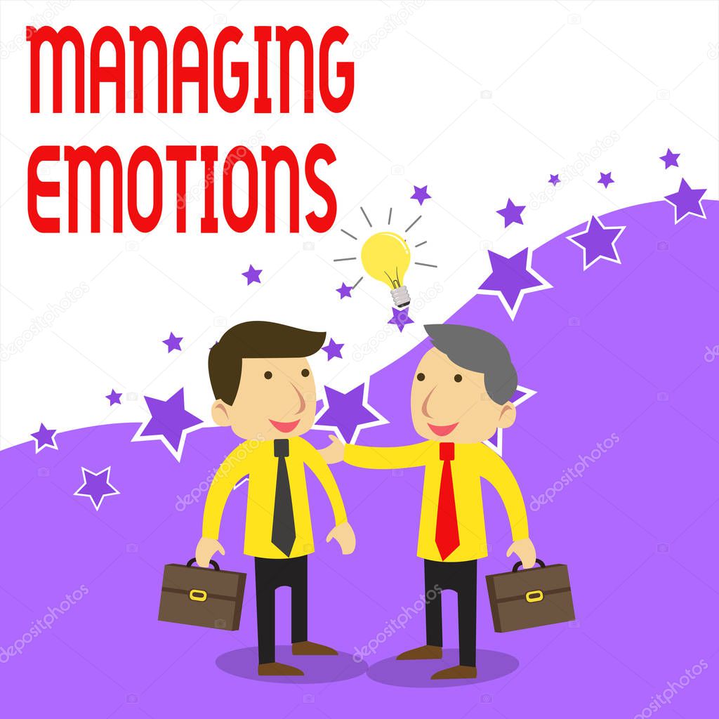 Handwriting text writing Managing Emotions. Concept meaning Controlling feelings in oneself Maintain composure Two White Businessmen Colleagues with Brief Cases Sharing Idea Solution.