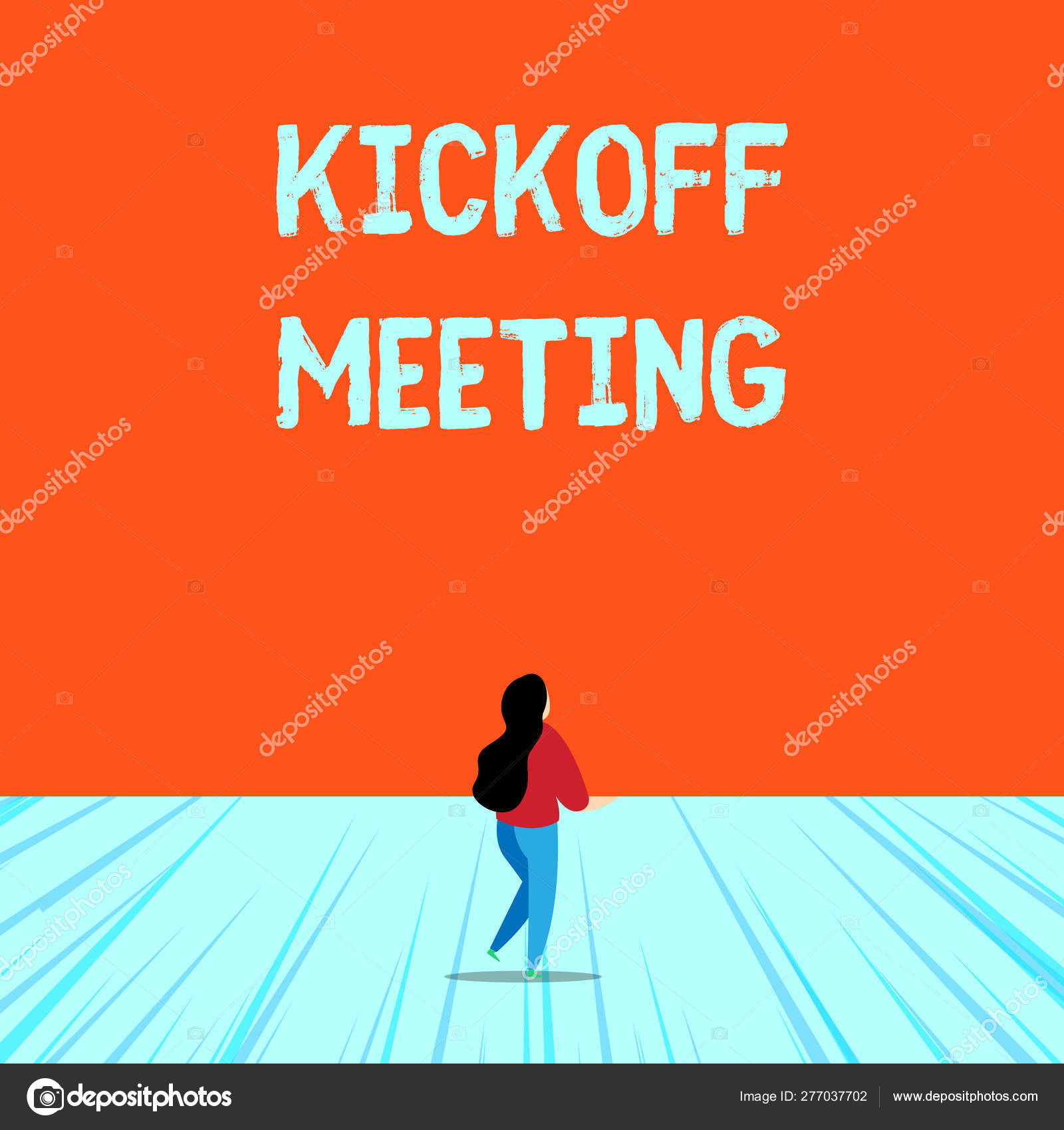 Conceptual hand writing showing Kickoff Meeting. Business photo text  Special discussion on the legalities involved in the project Young long  hair woman holding blank square announcement design. Stock Illustration by  ©artursz #277037702