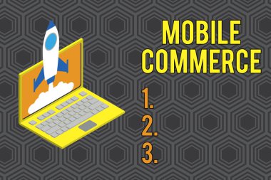 Mobil Ticaret gösteren kavramsal el yazısı. İş fotoğraf metin Ticari işlemler online Rocket başlatılması bulutlar dizüstü Başlangıç projesi seo büyüyen yapmak için cep telefonu kullanma.