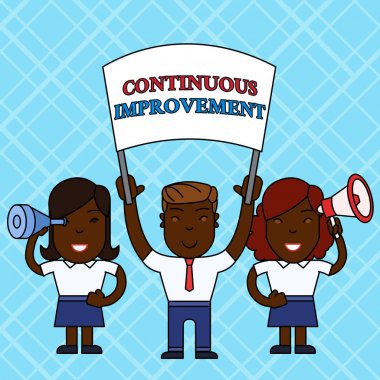 Text sign showing Continuous Improvement. Conceptual photo ongoing effort to improve products or processes People with Blank Banner, Megaphone and Spy Glass Peaceful Demonstration.