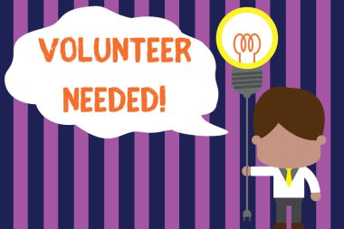 Text sign showing Volunteer Needed. Conceptual photo need work for organization without being paid Standing man tie holding plug socket light bulb to connect idea. Startup.
