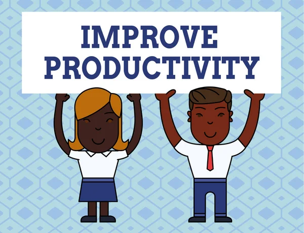 Handwriting text writing Improve Productivity. Concept meaning to increase the machine and process efficiency Two Smiling People Holding Big Blank Poster Board Overhead with Both Hands.