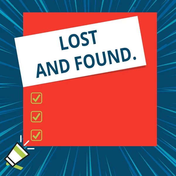 Word writing text Lost And Found. Business concept for a place where lost items are stored until they reclaimed Big blank square rectangle stick above small megaphone left down corner. — 스톡 사진