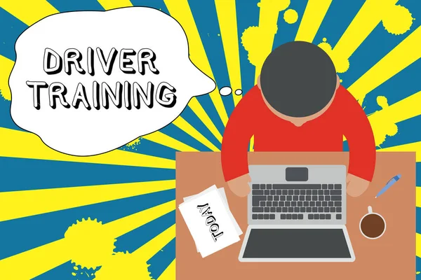Writing note showing Driver Training. Business photo showcasing prepares a new driver to obtain a driver s is license Upper view young man sitting table laptop documents coffee cup pen. — 스톡 사진