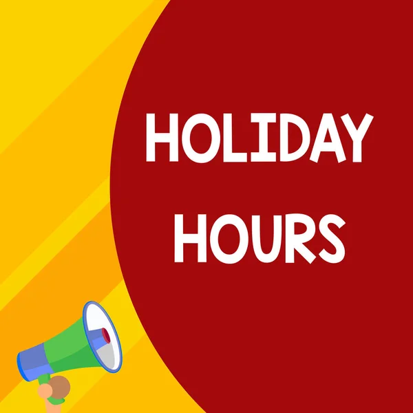 Word writing text Holiday Hours. Business concept for employee receives twice their normal pay for all hours Half part blank huge balloon empty text with small megaphone. Announcement. — Stock Photo, Image