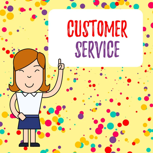 Handwriting text writing Customer Service. Concept meaning process of ensuring client satisfaction with product Woman Standing with Raised Left Index Finger Pointing at Blank Text Box. — Stock Photo, Image