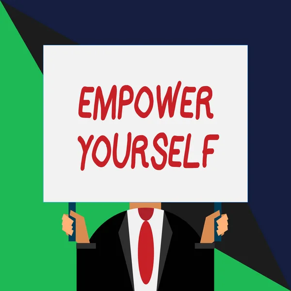 Conceptual hand writing showing Empower Yourself. Business photo showcasing taking control of life setting goals positive choices Just man chest dark suit tie no face holding blank rectangle. — Stock Photo, Image