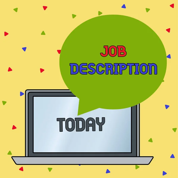 Handwriting text writing Job Description. Concept meaning a formal account of an employee s is responsibilities Round Shape Empty Speech Bubble Floating Over Open Laptop Colored Backdrop. — Stock Photo, Image