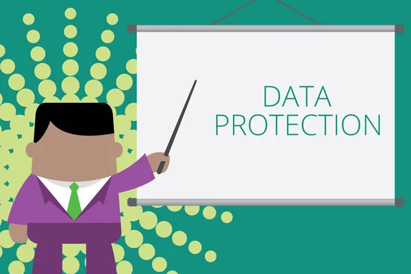 Writing note showing Data Protection. Business photo showcasing Protect IP addresses and demonstratingal data from harmful software Businessman standing in front projector screen pointing project idea