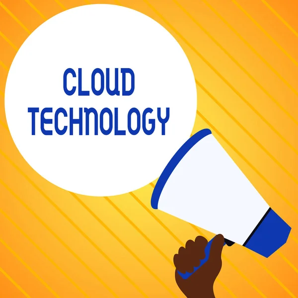 Tekst teken dat Cloud technologie weergeeft. Conceptuele foto opslag en toegang tot gegevens en Programma's via internet hand met Loudhailer lege ronde spraak tekstballon aankondiging nieuw. — Stockfoto