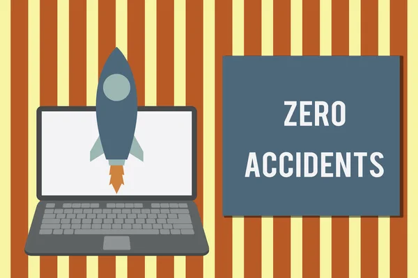 Writing note showing Zero Accidents. Business photo showcasing important strategy for preventing workplace accidents Launching rocket up laptop Startup Developing goal objective. — 스톡 사진