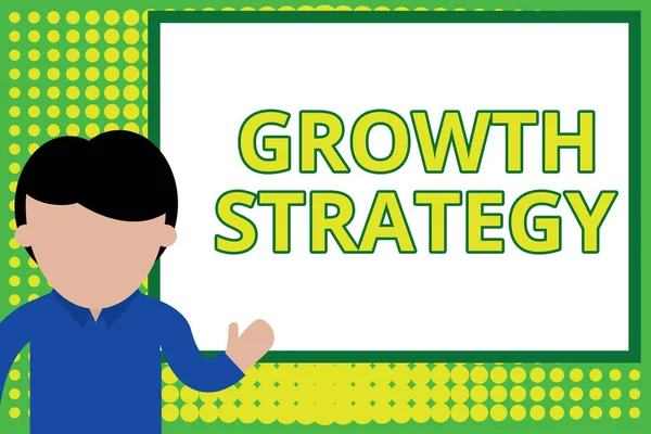 Word writing text Growth Strategy. Business concept for Strategy aimed at winning larger market share in shortterm Young man standing in front whiteboard pointing to project. photo Art. — 스톡 사진